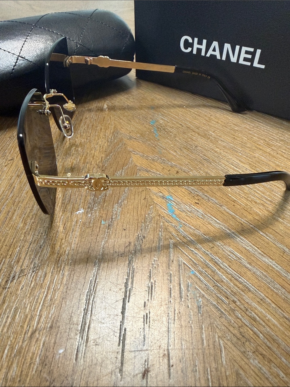 CHANEL Black Rimless Square Sunglasses with Gold CC Accents - Picture 7 of 10